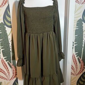 Flown Olive Green Smocked Long Sleeve Dress